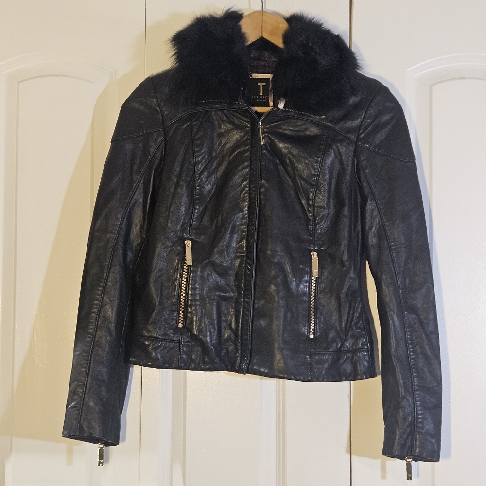 TED BAKER Black Leather Moto Jacket Size 2 Genuine Shearling Collar NEW Y2K Luxe